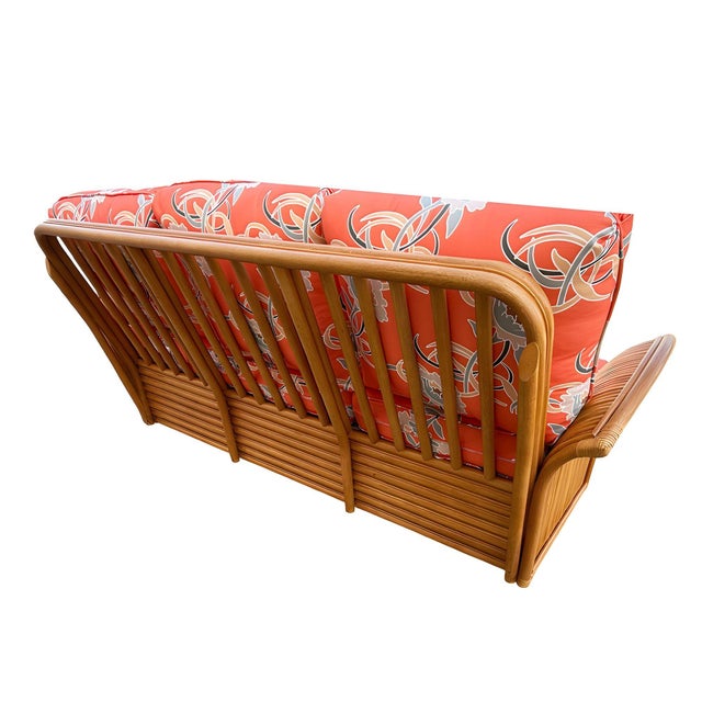 Wood Restored 1930s "Golden Girls" Rattan "Fan Arm" Three-Seat One Piece Sofa For Sale - Image 7 of 8