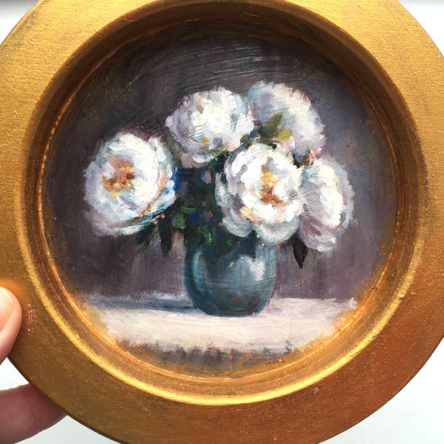 Framed Original Floral White Peonies Painting Round Wall Decor by Valeriya Serova For Sale - Image 6 of 9