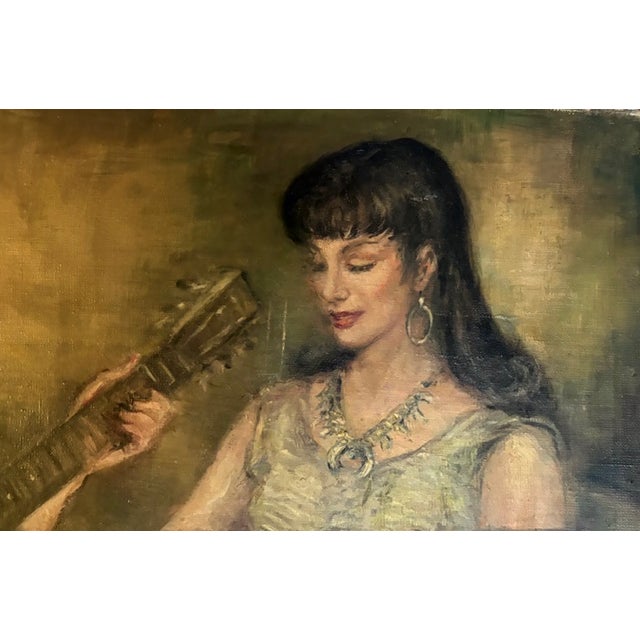 Olive Mid Century Oil on Canvas - Two Women Playing Guitar (And a Mandolin) Signed For Sale - Image 8 of 10