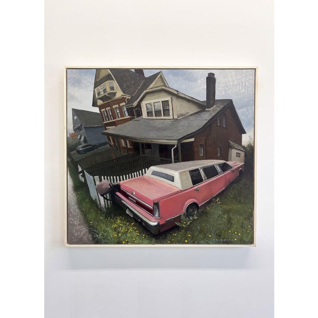 This oil on wood panel artwork captures a vibrant scene of a pink limousine resting in tall grass, juxtaposed against a...