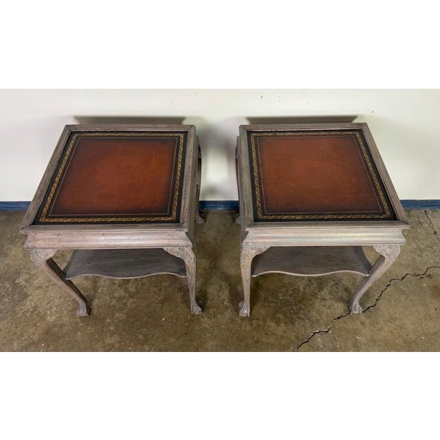 Wood Pair of Distressed English Chippendale End Tables, Leather Tops, 1930s For Sale - Image 7 of 15