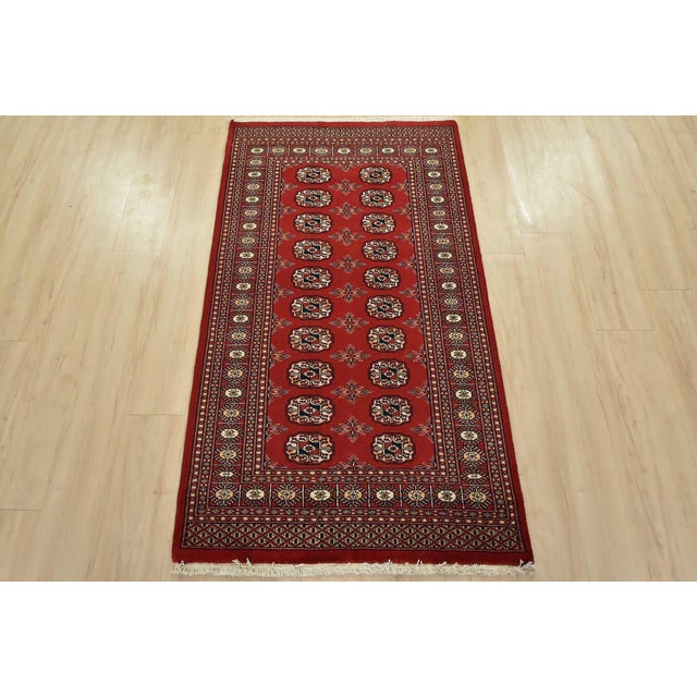 Tribal Bokhara Rug 3’1” X 5’6” Red Wool Tribal Hand-Knotted Oriental Carpet For Sale - Image 3 of 11
