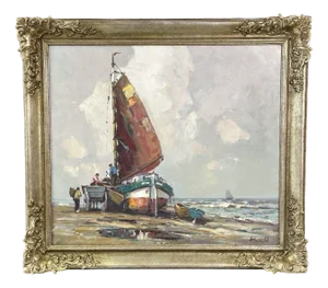 Harry Haerendel, Sailing Ship on Sand, 1890s-1910s, Oil on Canvas, Framed