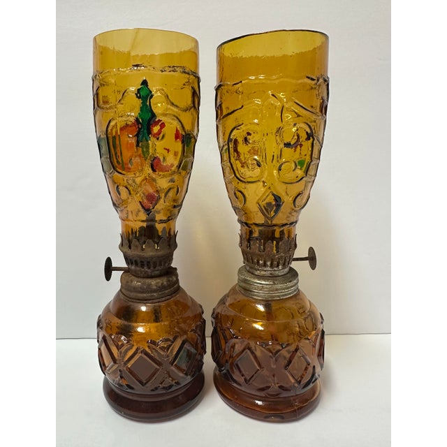 Art Deco Vintage 1960s/70s Miniature Amber Stained Glass Oil Lanterns- Set of 2 For Sale - Image 3 of 8