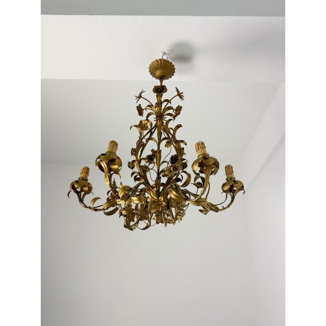 Six-Light Floral Chandelier in Gold Metal, Italy, 1960 For Sale - Image 4 of 8