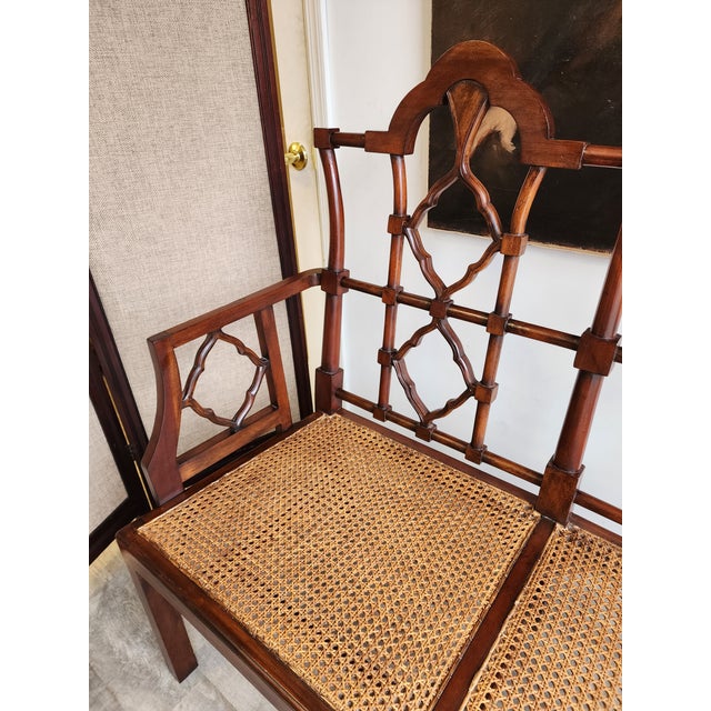 Wood Late 20th Century Chinese Chippendale Style Caned Bench Settee For Sale - Image 7 of 12