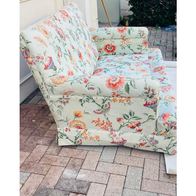Textile Mid 20 Th C Vintage Floral Chintz Loveseat Sofa Blue Orange For Sale - Image 7 of 14