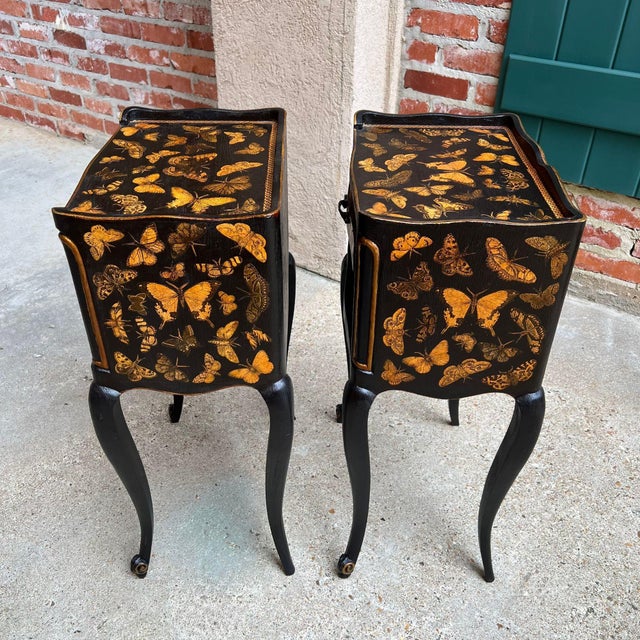 Pair French Bedside Cabinets Chinoiserie Butterfly Gilt Lacquer Tables For Sale - Image 17 of 18