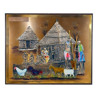Vintage African Copper Repoussé Village Scene Wall Art – Zambia 1999 For Sale