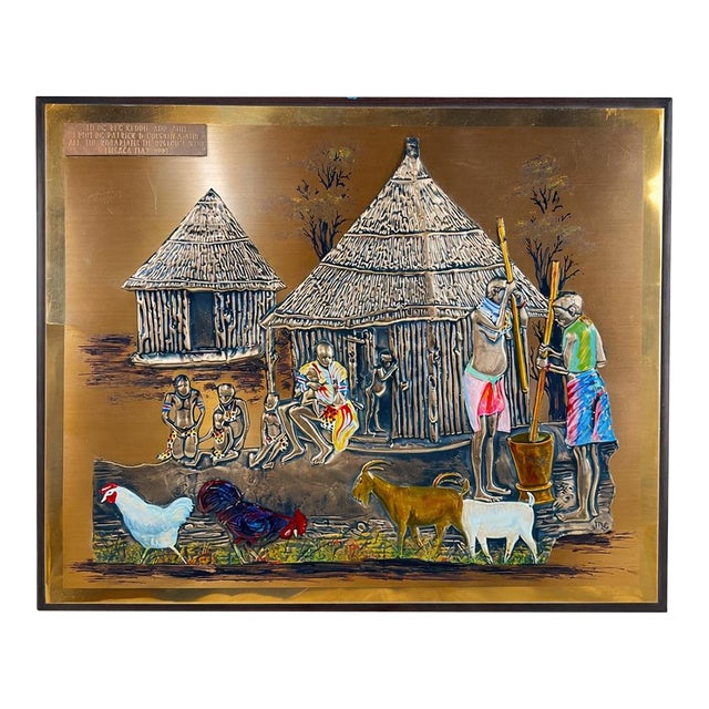 Vintage African Copper Repoussé Village Scene Wall Art – Zambia 1999 For Sale