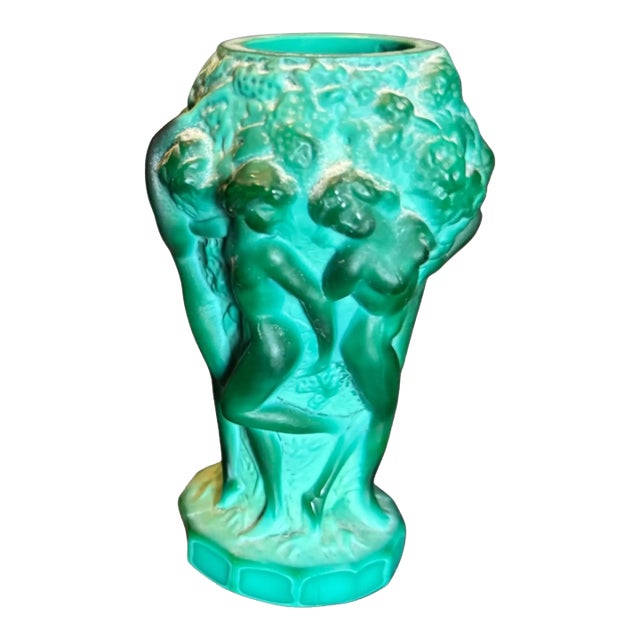 Vintage Antique Art Deco Nouveau Figural Malachite Czech Art Glass Vase For Sale