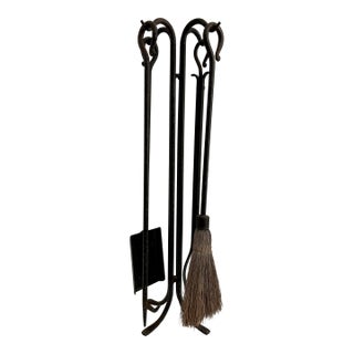 Vintage Primitive Hand-Forged Wrought Iron Pilgrim Fireplace Tool Set - 5 Pieces For Sale