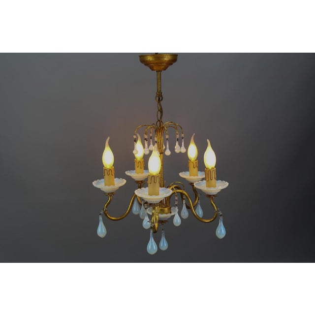 Gold Italian Florentine Gilt Metal and White Opalescent Glass Five-Light Chandelier, 1970s For Sale - Image 8 of 18