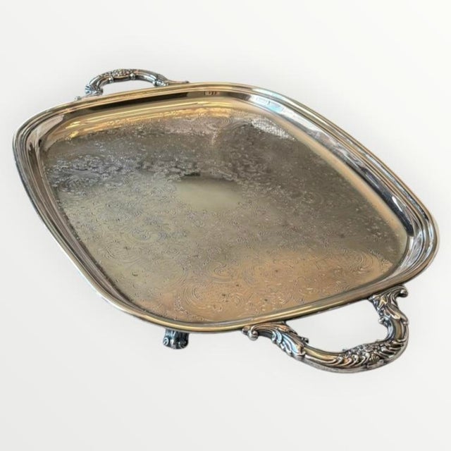 Silver Vintage Silver Plate Large Butler's Buffet Tray With Handles and Feet For Sale - Image 8 of 18