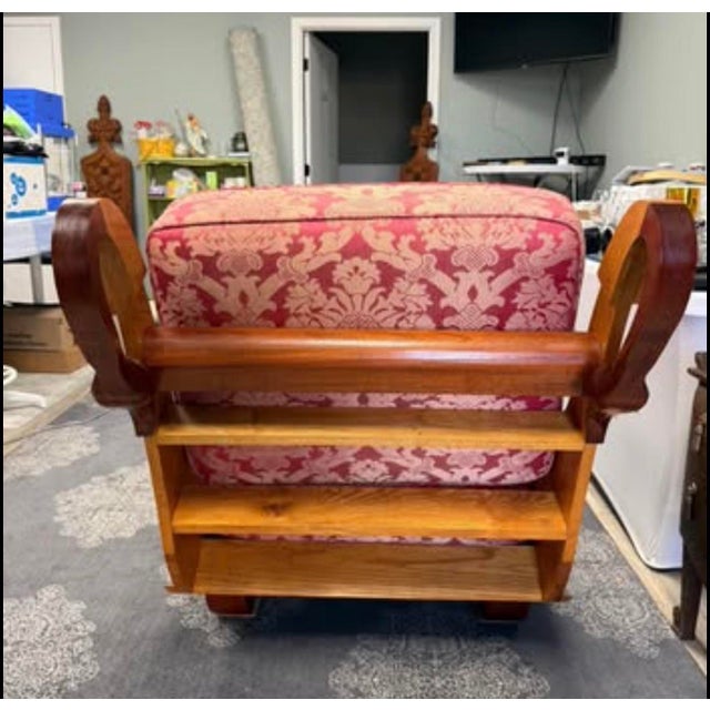 Contemporary Mid-Century Sculpted Wood Bookshelf Chaise Lounge in Red & Gold Damask For Sale - Image 3 of 12