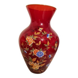 Vintage Norleans Ruby Red W/ Butterflies & Flowers 10" Vase For Sale