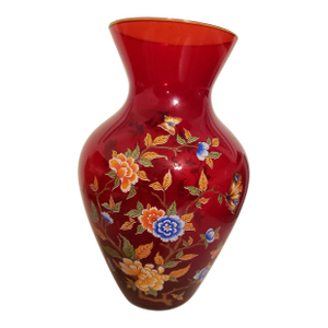 Vintage Norleans Ruby Red W/ Butterflies & Flowers 10" Vase