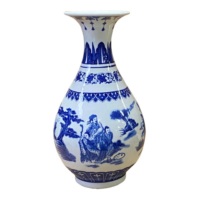 Chinese Oriental Blue White Porcelain Graphic Scenery Vase For Sale
