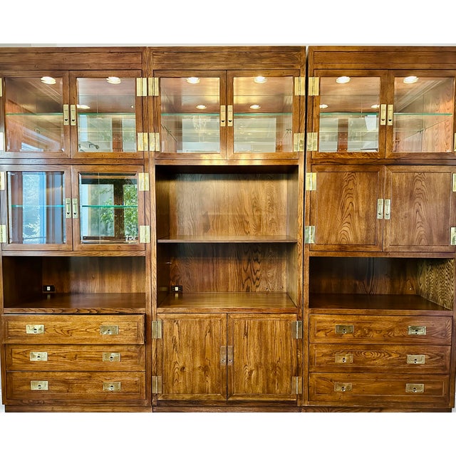 Campaign Henredon Campaign Bar Cabinet – Lighted Display, Pull-Out Serving Bar, Brass Hardware and Solid Wood For Sale - Image 3 of 11