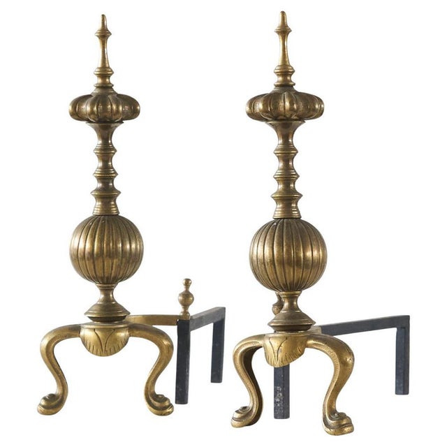 Large Neoclassical Andirons in Patinated Brass, 1920s, Set of 2 For Sale - Image 9 of 9