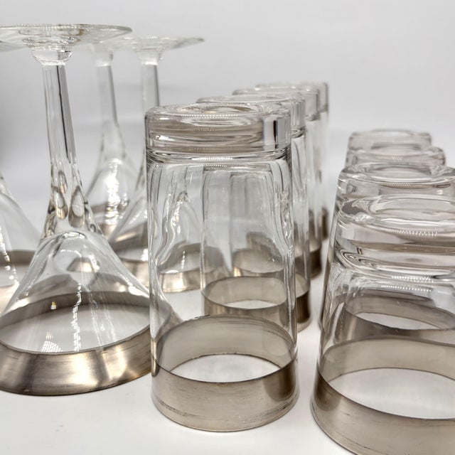 Metal 1950s Dorothy Thorpe Silver Band Barware Set -Martini Highball Lowball Glasses - 12 Pieces For Sale - Image 7 of 11