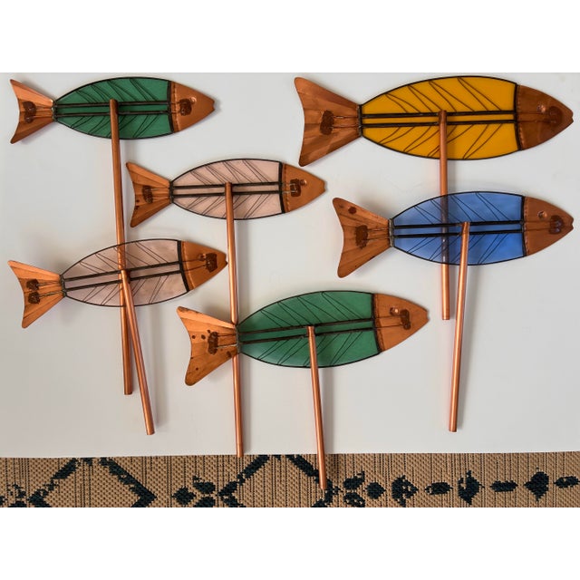 Vintage leaded slag glass and copper school of fish sculpture, frequently styled in the Mid-Century Modern (MCM) ,Atomic,...