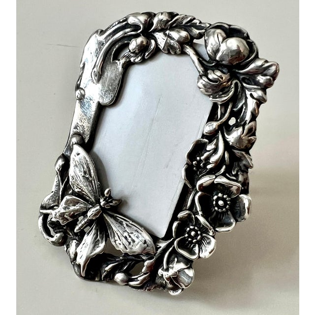 Sterling Silver Desk or Bedside Travel Picture Frame with Flowers and Butterfly For Sale - Image 4 of 7