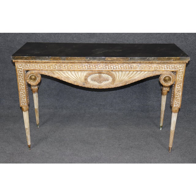 Superb Carved Faux Painted Marble Top Greek Key Italian Console Table For Sale - Image 4 of 13