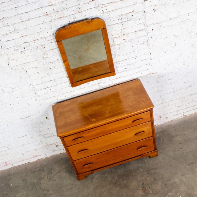Brown 1930s to 1950s Transitional Solid Maple Gentleman’s Chest With Hand Carved Pulls and Wall Mirror For Sale - Image 8 of 18
