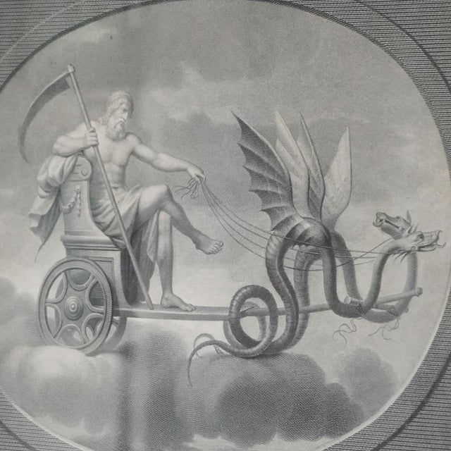 Elegant antique Italian engraving titled “Saturno” (Saturn), depicting the Roman god of time and harvest seated in a...