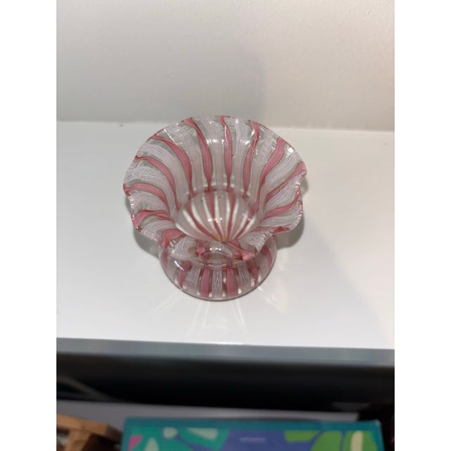 Mid 20th Century Murano Pink & White Latticino Filigree Glass Pitcher & Vase - Set of 2 For Sale - Image 10 of 12