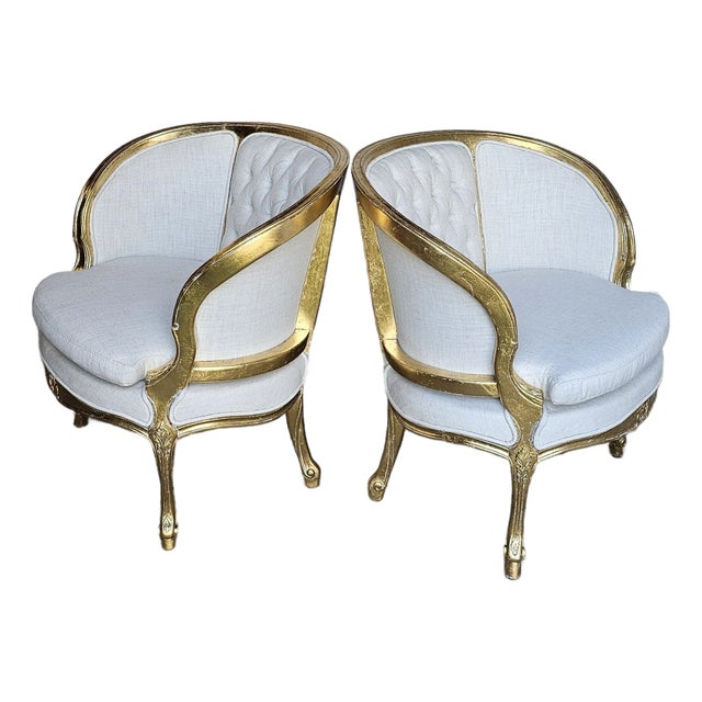 1920s French Gilt Wood Louis XV Style, Fauteuil Marquise Pair of Chairs, Tufted Chairs For Sale