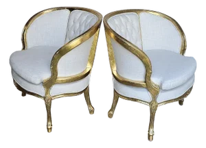 1920s French Gilt Wood Louis XV Style, Fauteuil Marquise Pair of Chairs, Tufted Chairs