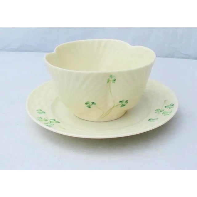 Belleek Ireland 1965-1980 service pieces Harp Shamrock cup and Shamrock plate. Vintage plate with basketweave body and...