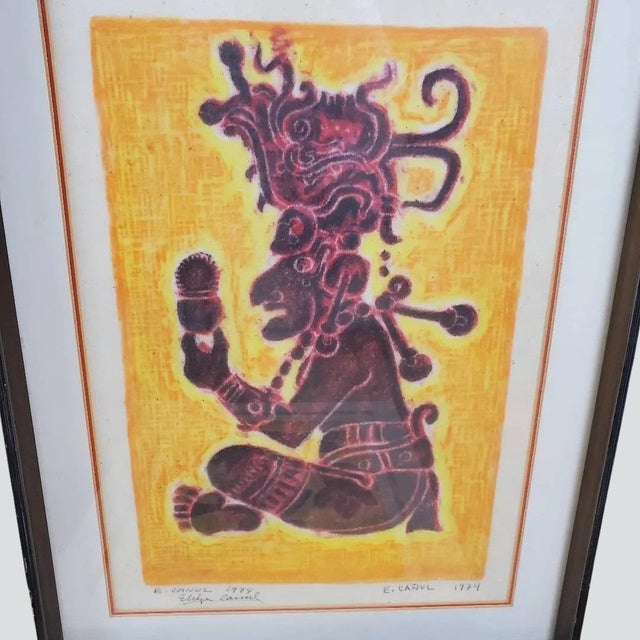 Yellow Authenticated Vintage Eliezer Canul Mayan Woodblock Print Collection – Four Hand-Signed Limited Editions, 1967-1974 (Incl. Rare 18/25) For Sale - Image 8 of 14