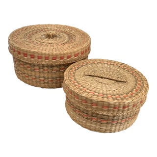 Vintage Natural Wicker Lidded Baskets - a Pair For Sale