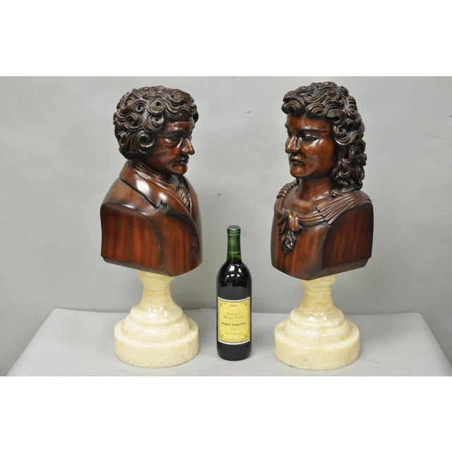 Classical Maitland Smith Style Carved Mahogany Wood Busts on Alabaster Plinths (Unmarked) - a Pair. Approx 20 lbs. Each....
