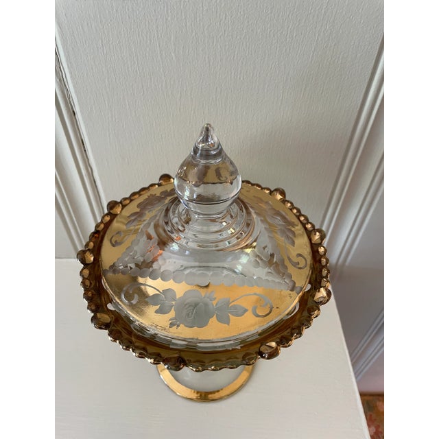 1930s Vintage "Paden City Glass" Large Etched Roses Gold Glass Compote With Lid For Sale - Image 5 of 13