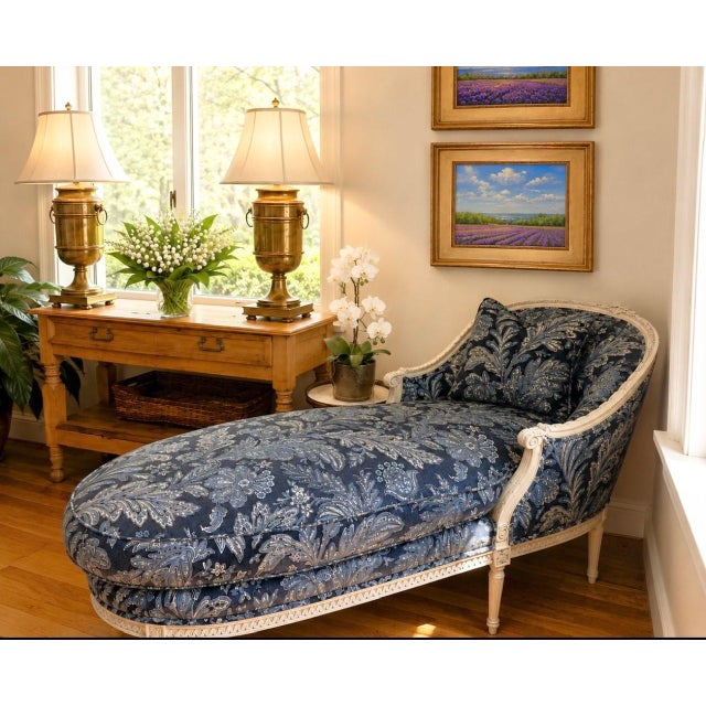 Custom Painted Chaise Lounge Chair Upholstered in Blue and Cream Ralph Lauren For Sale - Image 18 of 18