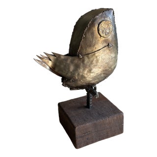 Mid-Century Brutalist Bird Metal Sculpture on Wood Block For Sale