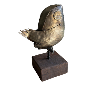 Mid-Century Brutalist Bird Metal Sculpture on Wood Block