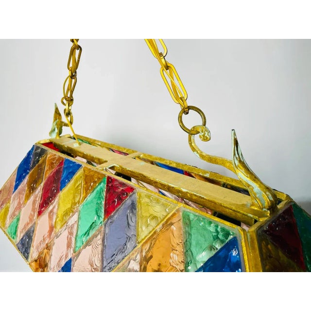 1970s Wrought Iron & Hammered Glass Chandelier by Longobard, Italy, 1970s For Sale - Image 5 of 13