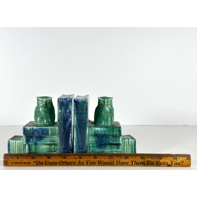 Early 20th Century Art Pottery Owl Bookends, Flambe Glaze, German Arts & Crafts For Sale - Image 9 of 10