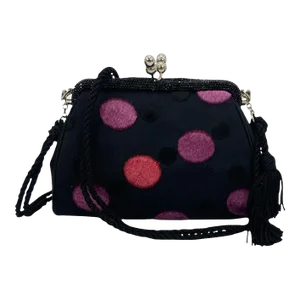 Judith Leiber Black Silk Velvet Polka Dot Crystal Top Clutch