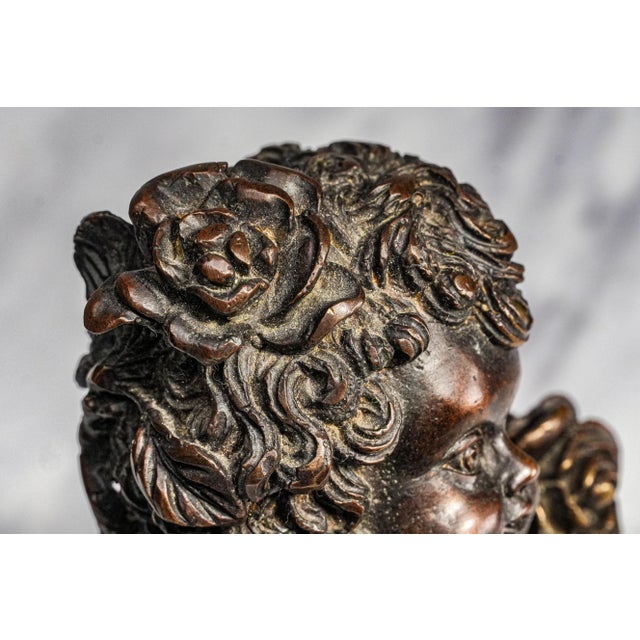 Classic Antique Bronze Cherub Bust Sculpture on Wood Pedestal Edwardian Putti Figure For Sale - Image 10 of 11