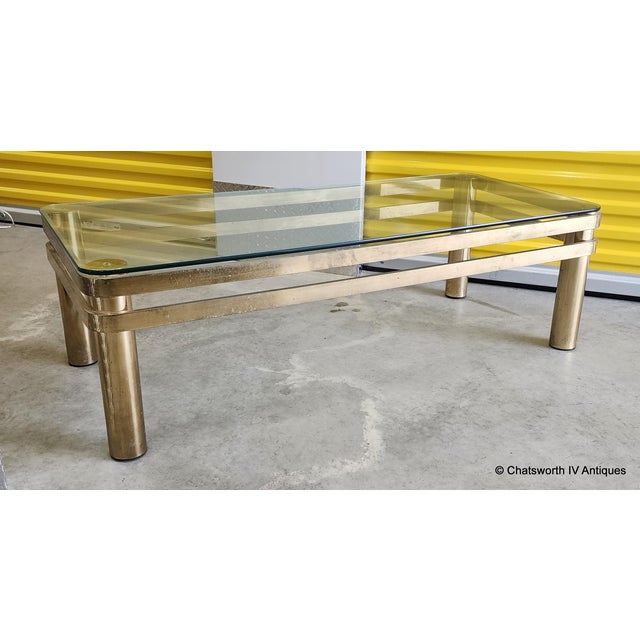 Vintage Brass Hollywood Regency Style Modern Contemporary Glass Coffee Table For Sale - Image 10 of 12
