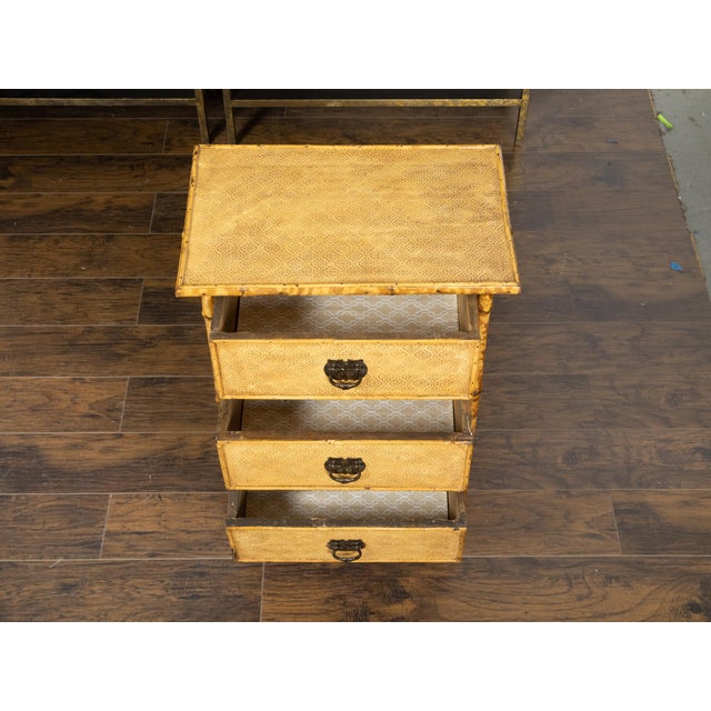 Small English 1920s Mottled Bamboo Three-Drawer Chest with Floral Décor For Sale - Image 12 of 12