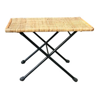 Mid Century Campaign Wicker and Iron Drink Table For Sale