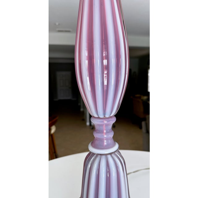 Large Raspberry Lavender Opaline Murano Glass Ribbed Table Lamp by Barovier For Sale - Image 10 of 16