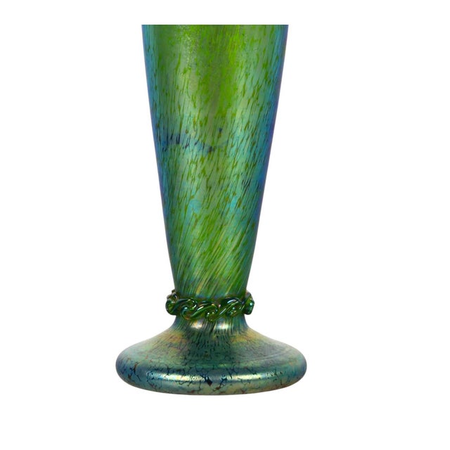 Loetz Loetz Blue Green Iridescent Art Glass Trumpet Vase For Sale - Image 4 of 9